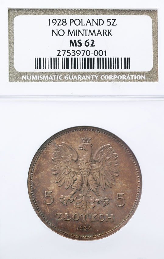 II RP. PRÓBA srebro 5 złotych 1928 Nike bez znaku NGC MS62 (lustrzanka)